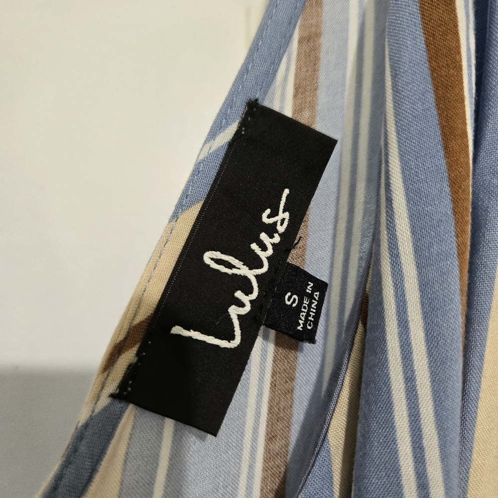 Lulu's Vacation Bae Brown/Blue/Wht Striped Jumpsuit Romper Sm. - Picture 4 of 7